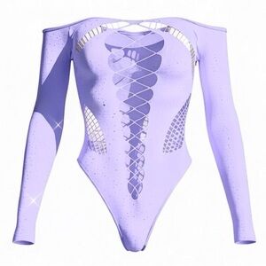 Lavender Rhinestoned Fishnet Bodysuit with Cutouts - EXOTIC DANCEWEAR